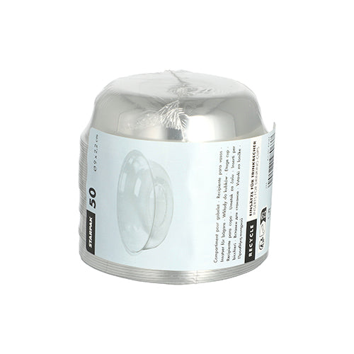 Pino 50 pyöreää Starpak PET-lisäosaa "Hurricane" (Ø 9 cm, 2,2 cm) kirkkaassa kalvossa valkoisella etiketillä. Ihanteellinen kertakäyttö- tai PET-lisäosiksi moniin tilaisuuksiin. Merkki: Starpak.