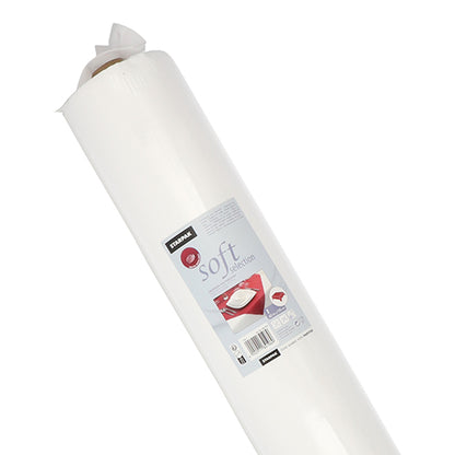 Eine aufrechte, große weiße Rolle mit der Aufschrift „Soft Selection“ zeigt das Starpak-Branding, Produktdetails und ein Kissenbild. Diese stoffähnliche Vlies-Starpak-Tischdecke ist vor einem weißen Hintergrund abgebildet.