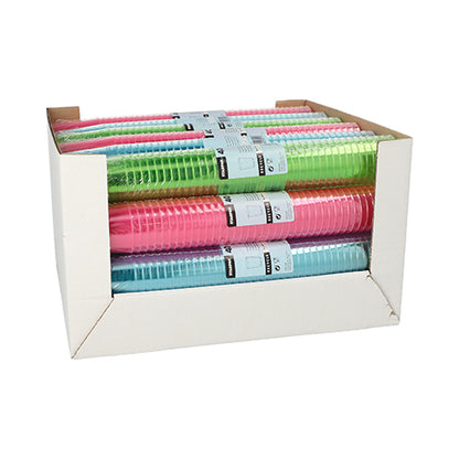 Valkoisessa Starpak-laatikossa on 40 värilajiteltua PS-snapsilasia (4 cl, Ø 4,2 x 5,2 cm), siististi pakattuna kutistekalvoon, jossa on pinkkejä, vihreitä ja sinisiä laseja per pino.