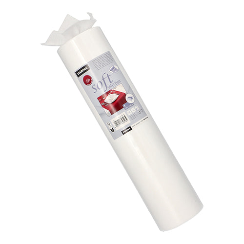 Valkoinen Starpak-pöytäliinarulla, kankaan kaltainen kuitukangas 'soft selection' (24 m x 40 cm), näyttää tuotemerkin ja tuotetarran punaisella pöytäsetillä, muutama lehti on hieman vedetty ulos ylhäältä.