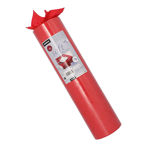 Starpak-pöytäliinarulla, kankaan kaltainen kuitukangas 'soft selection' (24 m x 40 cm), seisoo pystyasennossa. Etiketissä on tuotetietoja ja pakattuja lahjoja, kun taas pehmeä liina on osittain purettu ylhäältä.