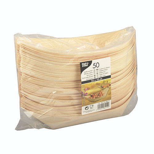 Läpinäkyvä muovipakkaus PAPSTAR GmbH:lta sisältää 50 Fingerfood-kulhoa (veneitä) puusta, jokainen suorakaiteen muotoinen ja kertakäyttöinen. Etiketissä edessä on tuotetiedot ja kuva sormiruoasta lautasella.