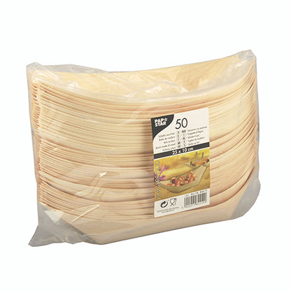 Läpinäkyvä muovipakkaus PAPSTAR GmbH:lta sisältää 50 Fingerfood-kulhoa (veneitä) puusta, jokainen suorakaiteen muotoinen ja kertakäyttöinen. Etiketissä edessä on tuotetiedot ja kuva sormiruoasta lautasella.