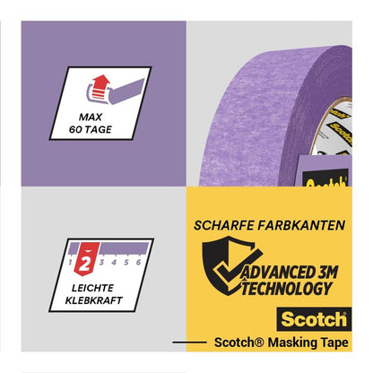 Näytetään rulla Scotch® maalarinteippiä herkille pinnoille (24 mm x 41 m) 3M Deutschland GmbH:lta, jossa on ikonit 60 päivän käytölle, kevyelle tarttuvuudelle, teräville värilinjoille ja PEFC-sertifioinnille kestävyyden puolesta.