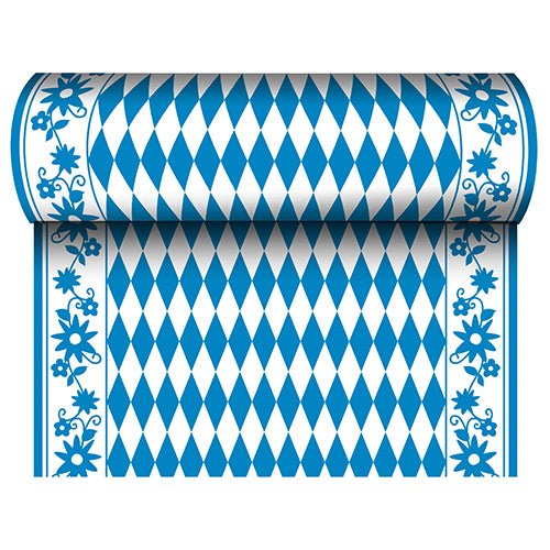 PAPSTAR Pöytäliina, kankaan kaltainen Airlaid (24 m x 40 cm) PAPSTAR GmbH:ltä erottuu sinivalkoisella timanttikuvioinnilla keskellä ja sinisellä kukkakuviolla reunassa – ihanteellinen juhlavaan pöytäkoristeluun erityisiin tilaisuuksiin.