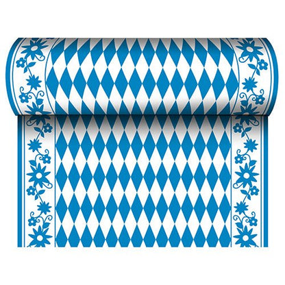 PAPSTAR Pöytäliina, kankaan kaltainen Airlaid (24 m x 40 cm) PAPSTAR GmbH:ltä erottuu sinivalkoisella timanttikuvioinnilla keskellä ja sinisellä kukkakuviolla reunassa – ihanteellinen juhlavaan pöytäkoristeluun erityisiin tilaisuuksiin.