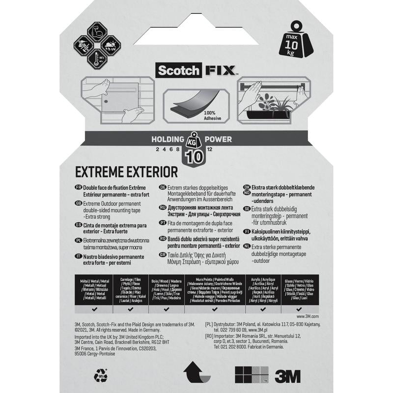 Scotch-FIX™ Extreme kaksipuolisen ulkokiinnitysteipin paketin takaosa 3M Deutschland GmbH:lta. Ominaisuudet on esitetty useilla kielillä, tiili- ja postilaatikkosymboleilla, ja siinä ilmoitetaan maksimaalinen pitovoima 10 kg. 3M-brändäys sijaitsee alareunassa.