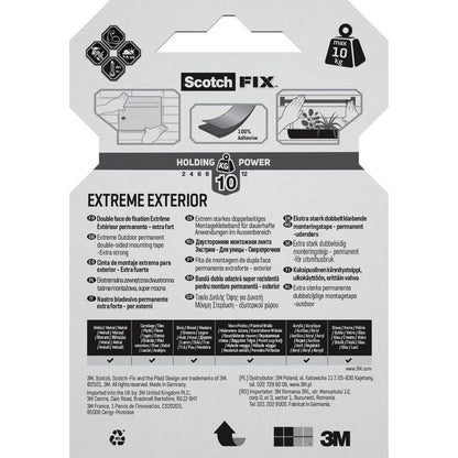 Scotch-FIX™ Extreme kaksipuolisen ulkokiinnitysteipin paketin takaosa 3M Deutschland GmbH:lta. Ominaisuudet on esitetty useilla kielillä, tiili- ja postilaatikkosymboleilla, ja siinä ilmoitetaan maksimaalinen pitovoima 10 kg. 3M-brändäys sijaitsee alareunassa.