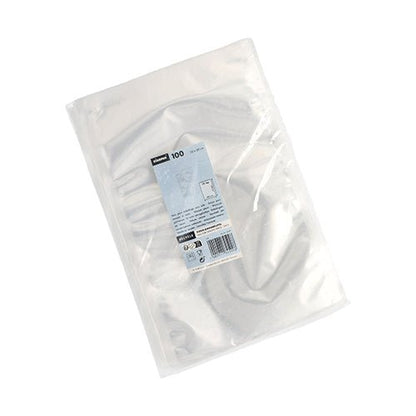 Starpak 100 saumauspussi, PA/PE läpinäkyvä (40 x 30 cm) läpinäkyvässä muovipakkauksessa, suljettu sinivalkoisella Starpak-etiketillä, jossa on merkki, määrä ja viivakoodi.