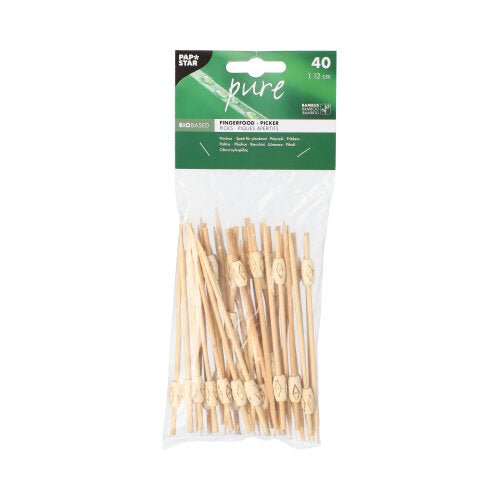 Läpinäkyvässä muovipussissa on 40 PAPSTAR Fingerfood - piikkiä „pure“ PAPSTAR GmbH:lta, jokaisessa on koristeellinen silmukka ja merkintä „biobased“ – ihanteellinen tyylikkääseen sormiruokien tarjoiluun.