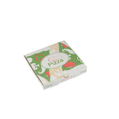 PAPSTAR 100 pizzalaatikkoa, selluloosa "pure" suorakulmainen PAPSTAR GmbH on ympäristöystävällinen, neliömäinen laatikko, jossa on vihreä-punainen ja beige design sekä "Pizza"-teksti ja pizzaviipale kannessa.