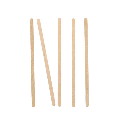 Viisi PAPSTAR puista "pure" sekoitustikkua (14 cm) PAPSTAR GmbH:ltä on aseteltu pystysuoraan valkoiselle pohjalle, toinen tikku vasemmalta on kallistettu viistosti oikealle.