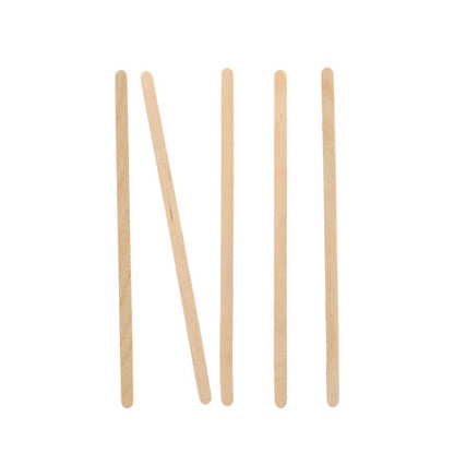 Viisi PAPSTAR puista "pure" sekoitustikkua (14 cm) PAPSTAR GmbH:ltä on aseteltu pystysuoraan valkoiselle pohjalle, toinen tikku vasemmalta on kallistettu viistosti oikealle.