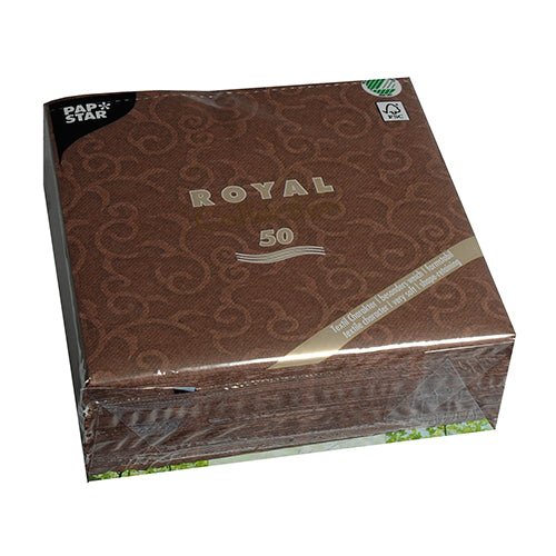Suljettu paketti, jossa on 50 ruskeaa PAPSTAR "ROYAL Collection" 1/4-koko lautasliinaa, koko 40 x 40 cm, pyörrekuviolla; etupuolella lukee "ROYAL" ja vasemmassa yläkulmassa on PAPSTAR GmbH:n logo.