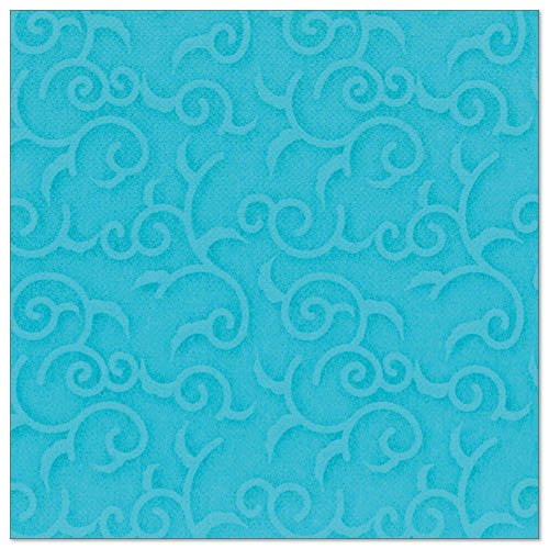 PAPSTAR GmbH:n 50 lautasliinaa "ROYAL Collection" 1/4-taitto 40 x 40 cm turkoosi ovat neliönmuotoisia turkooseja lautasliinoja, joissa on kohokuvioitu pyörre- ja köynnöskuvio, joka peittää pinnan tasaisesti.