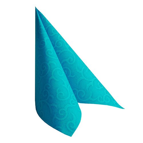 Turkoosi PAPSTAR 50 lautasliinaa "ROYAL Collection" 1/4-taitto-lautasliina (40 x 40 cm) PAPSTAR GmbH:ltä on taitettu seisovaksi kolmioksi valkoisella pohjalla.