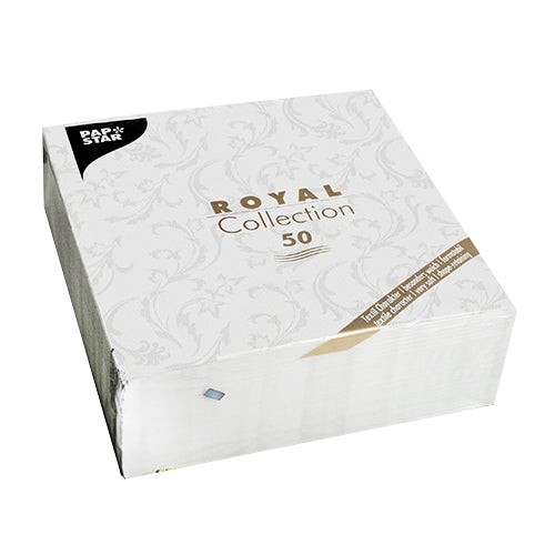Eine Packung mit 50 PAPSTAR Servietten "ROYAL Collection" 1/4-Falz, 40 x 40 cm, weiß, von PAPSTAR GmbH. Die Verpackung ist elegant mit dezentem Muster und gold-schwarzem Schriftzug.