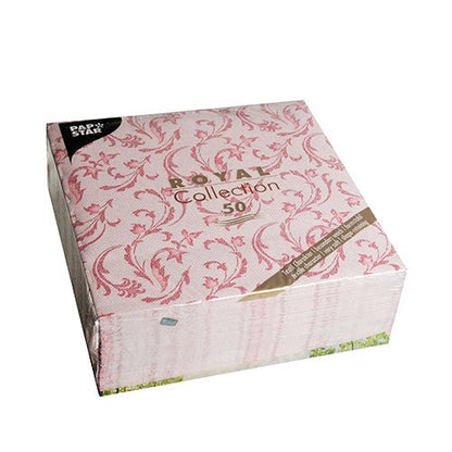50 kappaleen pakkaus PAPSTAR ”ROYAL Collection” -servetit, 1/4-taitetut, 40x40 cm, viininpunaiset, valmistaja PAPSTAR GmbH. Neliönmuotoinen pakkaus korostaa sen sisällä olevan tyylikkään lautasliinan muotoilua.
