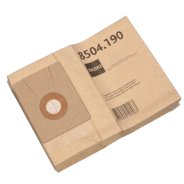 Abgebildet ist ein Stapel Doppelfilter Papiersack dorsalino Vakuumbeutel (Karton, 10 Packungen) für TASKI dorsalino von Diversey Deutschland GmbH & Co. OHG ist abgebildet; ein Beutel hat einen Kartonkragen mit runder Öffnung und die Produktnummer 8504.190.
