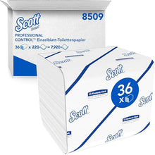Scott® Control™ WC-paperi Kimberly-Clark GmbH:lta, yksittäisarkkijärjestelmä, valkoinen, 36 pakkausta à 220 arkkia per laatikko.