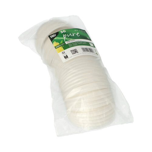 50 valkoisen PAPSTAR C-PLA-pyöreän kannen (2,1 cm korkea) pino PAPSTAR GmbH:ltä, selkeästi pakattu kierrätys- ja kompostointisymboleilla, tarjoaa ympäristöystävällisen, biohajoavan ratkaisun.