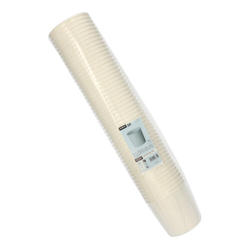 50 Starpak keittokulhon pino, pahvi "To Go" pyöreä valkoinen, yhdessä pakattuna kirkkaaseen muovikääreeseen, jossa on sivulla etiketti tuotetiedoilla.