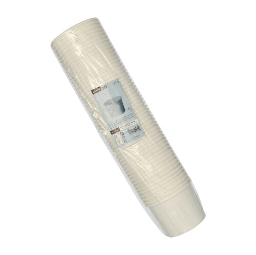 Suljettu muovipakkaus, jossa on 50 pyöreää, valkoista Starpak keittokulhoa pahvista "To Go", tuotetietojen ja kulhon kuvauksen kanssa etupuolella, ihanteellinen mukaan otettavaksi.