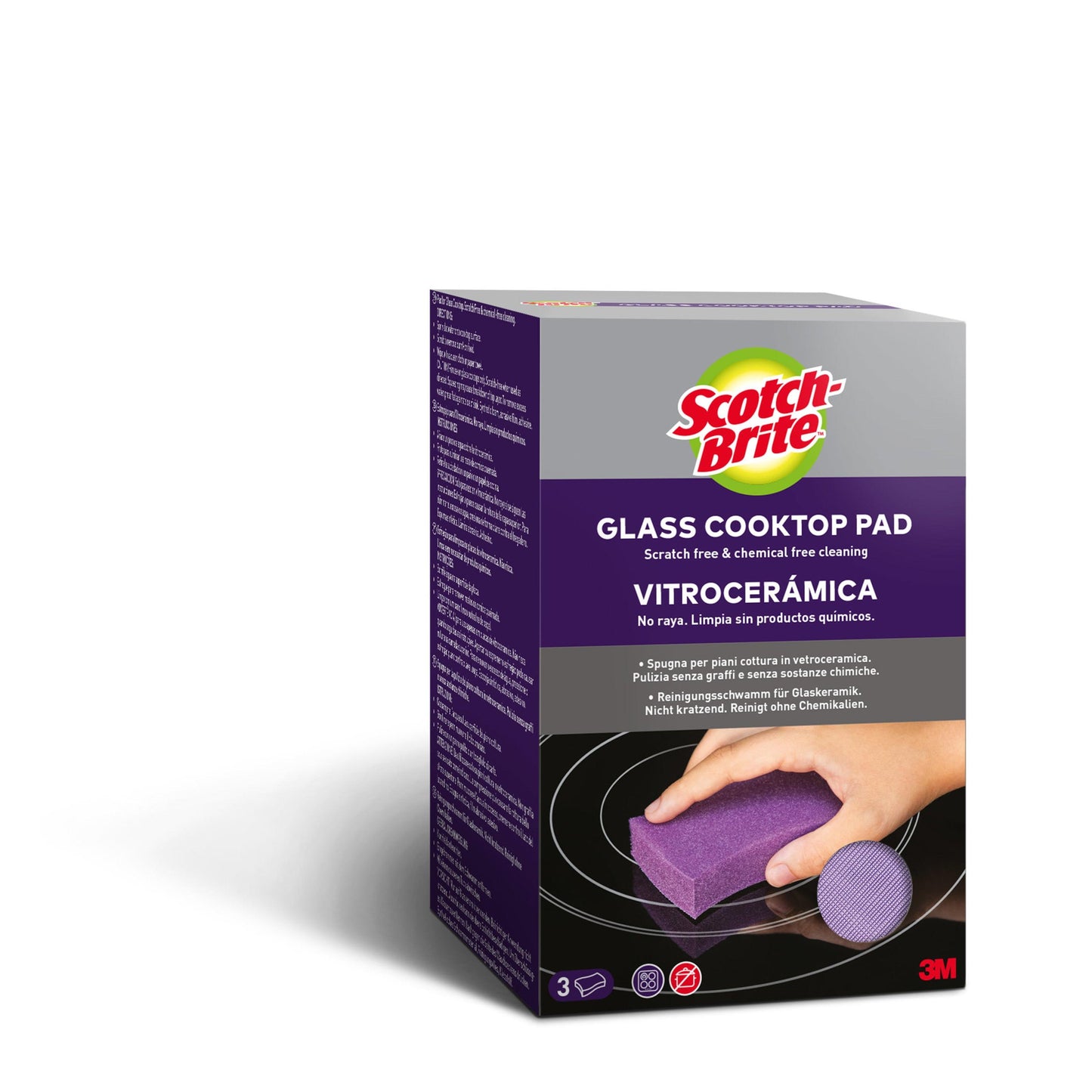 Eine Schachtel 3M Scotch-Brite™ Glaskeramik-Reinigungsschwamm (3 Stück) zeigt eine Hand, die eine Glas-Kochfläche mit dem lila Pad reinigt. Auf der Verpackung steht, dass es kratzfrei und chemiefrei ist, ideal für Glaskeramik-Oberflächen.