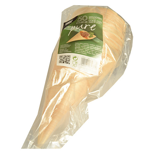 In einer Klarsichtverpackung befinden sich 50 große „pure“ Holztütenbecher für Fingerfood der PAPSTAR GmbH, mit grün-weißem Frontetikett mit Produktdetails und Barcode.