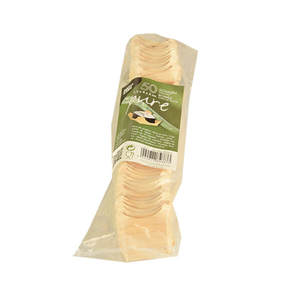 Eine transparente Kunststoffverpackung enthält 50 runde PAPSTAR "pure" Holz Fingerfood-Schalen. Das grüne Etikett enthält Produktinformationen, einen Barcode und unterstreicht das umweltfreundliche Design der PAPSTAR GmbH.