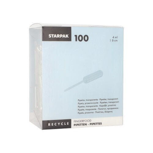 Starpak 100 pipetit, PE läpinäkyvä Starpakilta on läpinäkyvä laatikko, jossa on 4 ml polyeteenipipettejä sormiruokaan, kierrätysohjeet ja monikieliset tiedot "pipeteistä" ja nesteiden annostelusta.