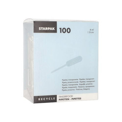 Starpak 100 pipetit, PE läpinäkyvä Starpakilta on läpinäkyvä laatikko, jossa on 4 ml polyeteenipipettejä sormiruokaan, kierrätysohjeet ja monikieliset tiedot "pipeteistä" ja nesteiden annostelusta.