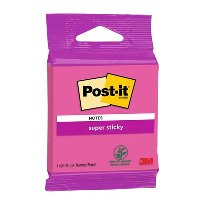 Yksi pakkaus Post-it® Super Sticky Notes 6820S3, 76 x 76 mm, neonvihreänä, neonpinkkinä, ultrakeltaisena, ultravihreänä ja ultrapinkkinä (1 paketti 75 arkkia), 3M Deutschland GmbH:lta. Sisältää erittäin vahvan tartuntakyvyn ja PEFC-sertifikaatin pakkauksessa.