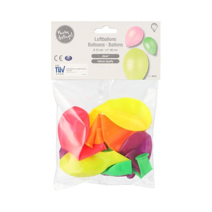 Läpinäkyvä muovipussi, jossa on 10 värikästä PAPSTAR ilmapalloa (Ø 25 cm) PAPSTAR GmbH:lta väreissä keltainen, oranssi, pinkki, vihreä ja lila. Yläosassa oleva pakkausetiketti näyttää ilmapallokuvia ja monikielistä tekstiä.