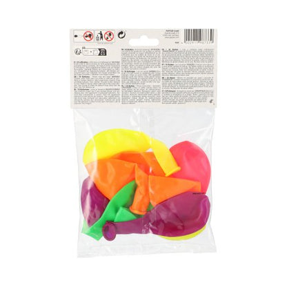 PAPSTAR GmbH:n läpinäkyvä muovipussi sisältää kymmenen värilajiteltua ilmapalloa (Ø 25 cm) keltaisena, oranssina, pinkkinä, lilana ja vihreänä. Ylhäällä on valkoinen PAPSTAR-etiketti tekstillä ja symboleilla. Korkealaatuinen materiaali pitkäkestoiseen leikkiin.