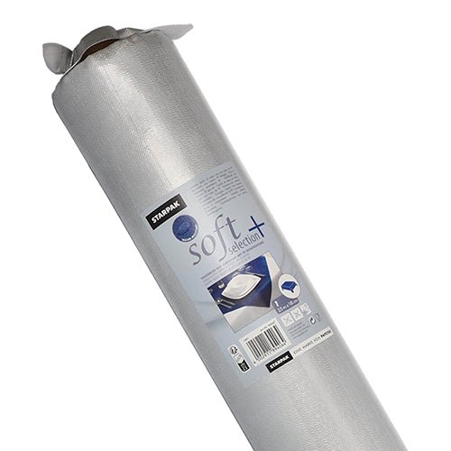 Rulla Starpak pöytäliinaa, kangasmainen, Vlies "soft selection plus" on kuvattu pystyssä pakkauksessa, jossa on tuotetietoja ja pöytäkuva - ihanteellinen pitkäikäiseksi, monipuoliseksi pöytäliinaksi tai Vliesiksi.