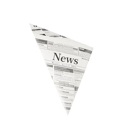 Kolmiomainen PAPSTAR 1000 kartiopussi PAPSTAR GmbH:lta näyttää mustavalkoisen sanomalehtipainatuksen, jossa yläosassa lukee "News". Tämä rasvatiivis pergamentin korvike sopii erinomaisesti ranskalaisten pakkaamiseen ravintolassa, kaikki yksinkertaisella valkoisella taustalla.