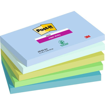 Pino kuusi Post-it® Super Sticky Notes -muistiinpanolappua, 76 mm x 127 mm, 90 arkkia per lohko, 3M Deutschland GmbH:lta, valmistettu 100% PEFC-sertifioidusta paperista pastelliväreissä, kuten sininen, vihreä ja keltainen.