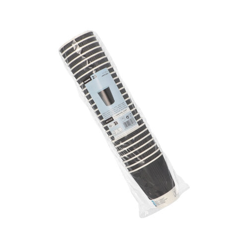 Tiivistetty muovipakkaus, jossa on 25 Starpak-juomakuppia ”To Go” Ripple Wall -kertakäyttökuppeja mustasta paperista, jossa on valkoinen reuna, esittää etupuolella tuotetiedot ja kuvan kupeista.