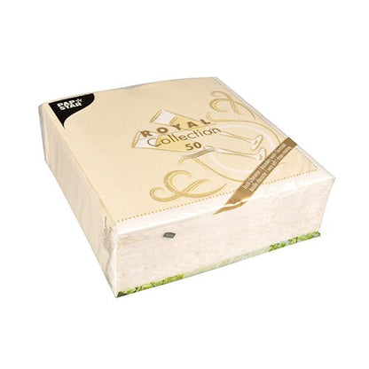 Suorakulmainen pakkaus PAPSTAR 50 Servietten "ROYAL Collection" 1/4-taitto, 40x40cm kulta, PAPSTAR GmbH:ltä, kultaisilla kuvioilla ja pakattu kirkkaaseen muovikelmuun.