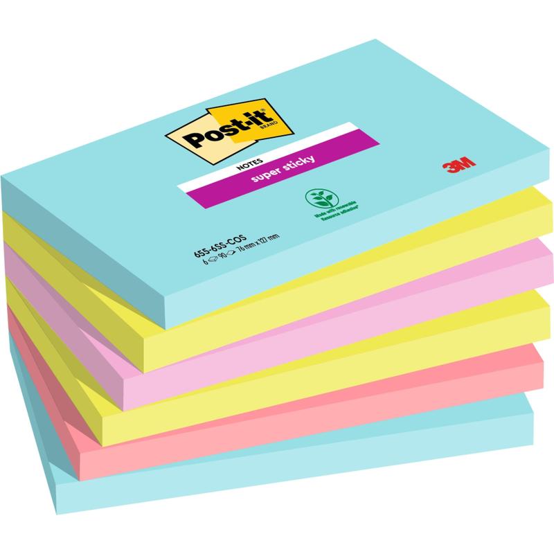 Kuvassa on kuuden Post-it® Super Sticky Notes -pakkauksen (76 mm x 127 mm, 90 arkkia/pakkaus, 100% PEFC) pino 3M Deutschland GmbH:lta sinisen, pinkin ja keltaisen värisinä, ja ylimmässä pakkauksessa on näkyvissä brändäys.