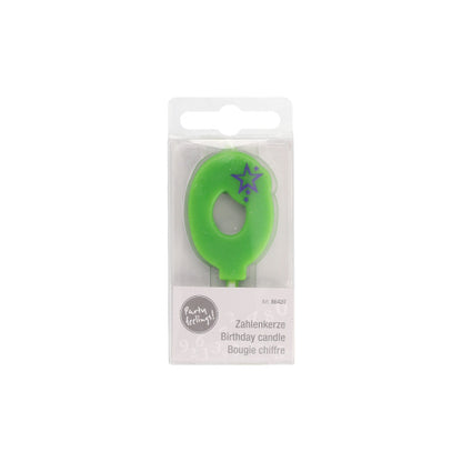 Vihreä Mini-numero kynttilä PAPSTAR GmbH:lta, halkaisijaltaan 6,8 cm ja numerolla nolla, on violetilla tähtikuviolla ja toimitetaan läpinäkyvässä laatikossa, jossa on monikielinen merkintä 'Syntymäpäiväkynttilä' - ihanteellinen syntymäpäiväkoristeeksi.