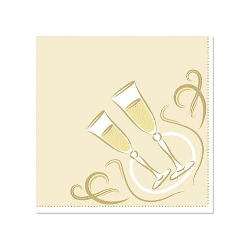 Kuva kahdesta kuohuviinilasista kuplilla beigellä, kultakoristellulla taustalla. Ihanteellinen PAPSTAR 20 lautasliinaa "ROYAL Collection" 1/4-taitto, 25 cm x 25 cm PAPSTAR GmbH:ltä.