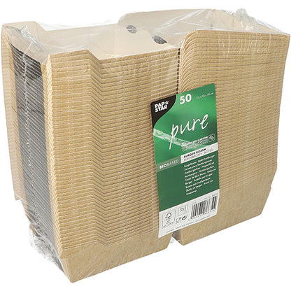 Ein Stapel von 50 rechteckigen braunen PAPSTAR "pure" Burgerboxen der PAPSTAR GmbH, ideal als nachhaltige Verpackung, wird in klarem Kunststoff mit einem grünen Etikett mit Produkt- und Recyclinginformationen verpackt.