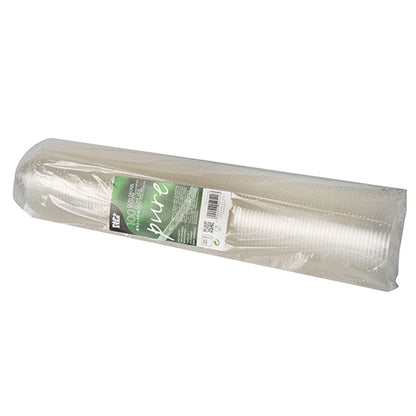 Rullattu pino läpinäkyviä PAPSTAR 100 kupolin kantta, PLA "puhdas" pyöreät kannet (Ø 9,5 cm, 4,5 cm), PAPSTAR GmbH:lta, kääritty läpinäkyvään pakkaukseen, jossa on vihreä-valkoinen etiketti tuoteinformaatiolla.