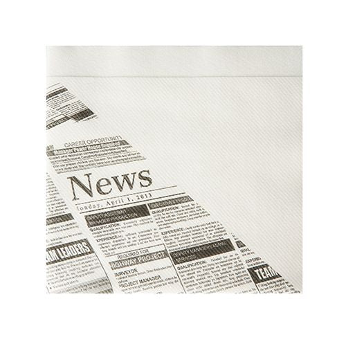 Taiteltu Starpak 50 -välipalaliina, kankaan kaltainen, Airlaid 1/4-taitto (32,5 x 30,5 cm) valkoisella "Newsprint"-designilla, jossa "News" ja mainoksia mustavalkoisina – ihanteellinen tyylikkääseen pöytäkoristeluun.