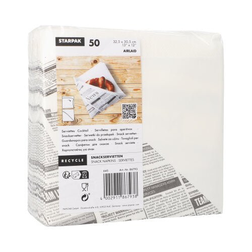 Pakkaus, jossa on 50 Starpak Airlaid -välipalaliinaa (32,5 x 30,5 cm, valkoinen, sanomalehtipainatus-design), kankaan kaltainen 1/4-taitolla, muovipussissa. Mukana kierrätyssymbolit ja tuotetiedot etiketissä.
