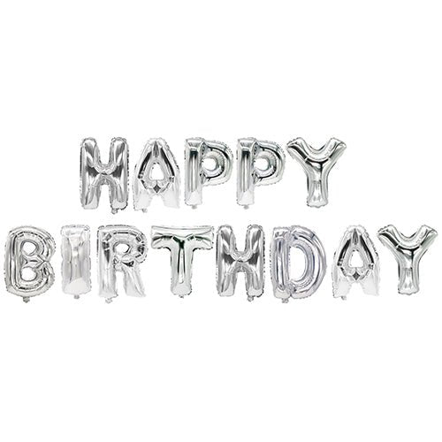 Hopeanväriset-PAPSTAR folioilmapallot PAPSTAR GmbH:ltä muodostavat kahdessa rivissä valkoisella taustalla tekstin "Happy Birthday" – juhlava setti, täydellinen jokaiseen syntymäpäiväjuhlaan.