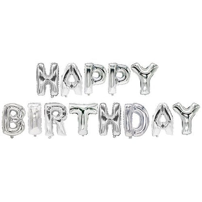 Hopeanväriset-PAPSTAR folioilmapallot PAPSTAR GmbH:ltä muodostavat kahdessa rivissä valkoisella taustalla tekstin "Happy Birthday" – juhlava setti, täydellinen jokaiseen syntymäpäiväjuhlaan.