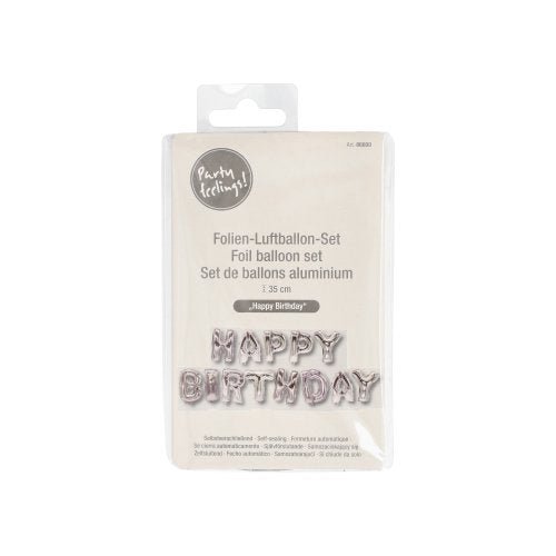 PAPSTAR folioilmapallosetti "Happy Birthday" PAPSTAR GmbH:ltä koostuu hopeisista ilmapalloista ja on ihanteellinen jokaiseen syntymäpäiväjuhlaan. Setti on pakattu valkoiselle kortille, jossa on monikielisiä tietoja ja läpinäkyvä muovikotelo.
